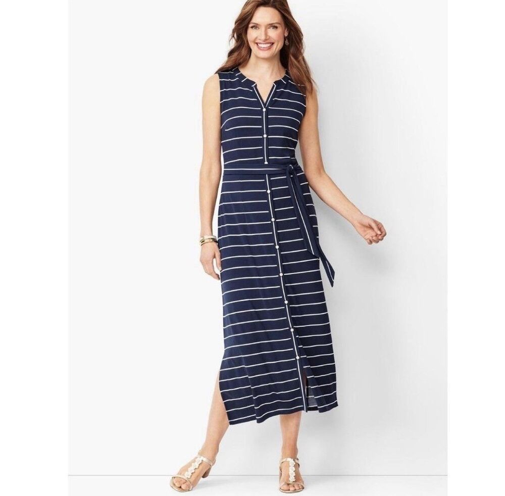 Talbots Button Front Stripe Jersey Maxi Dress XS Navy White Belted Pockets